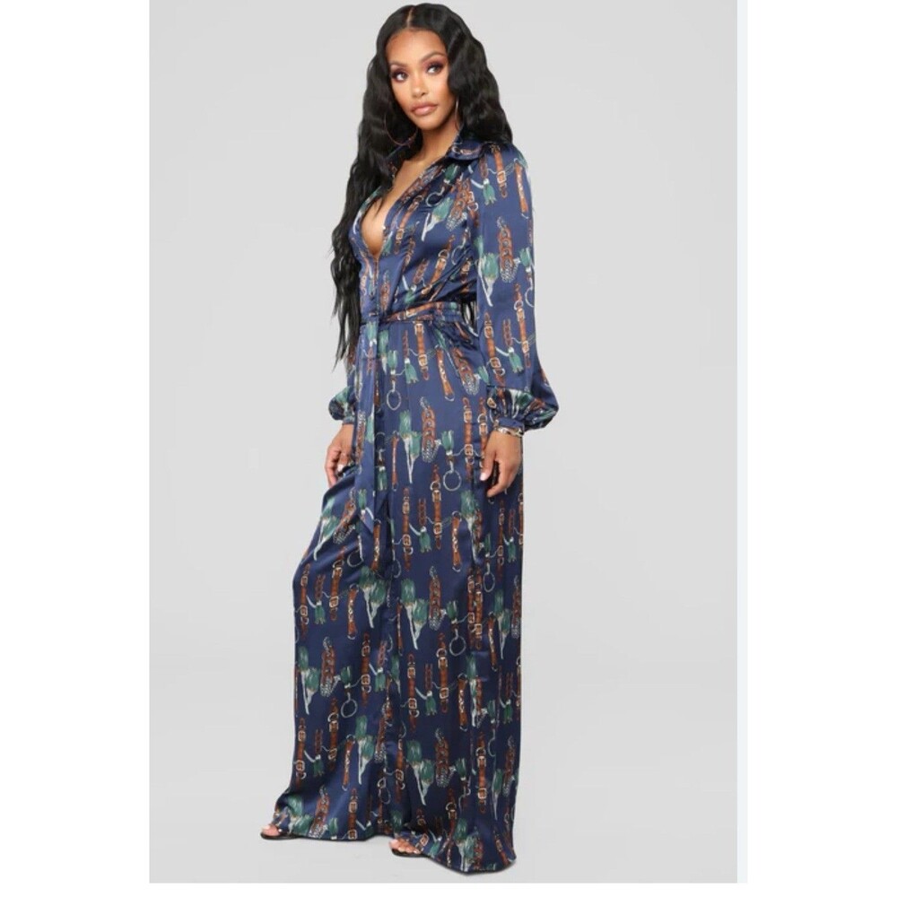 Fashion Nova The Entertainer Satin Jumpsuit Navy Sz XS Chain Tassel Print Rodeo